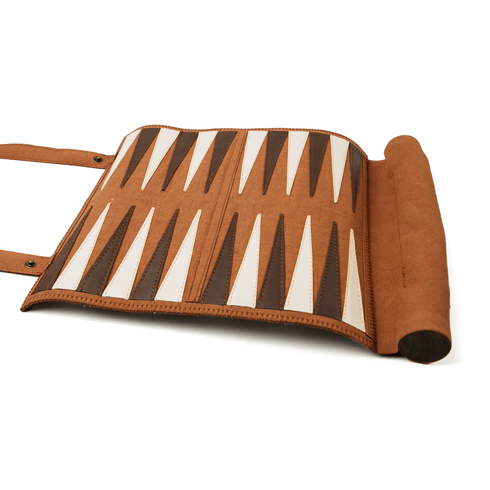 Grandpont backgammon: roll up, brown faux suede.