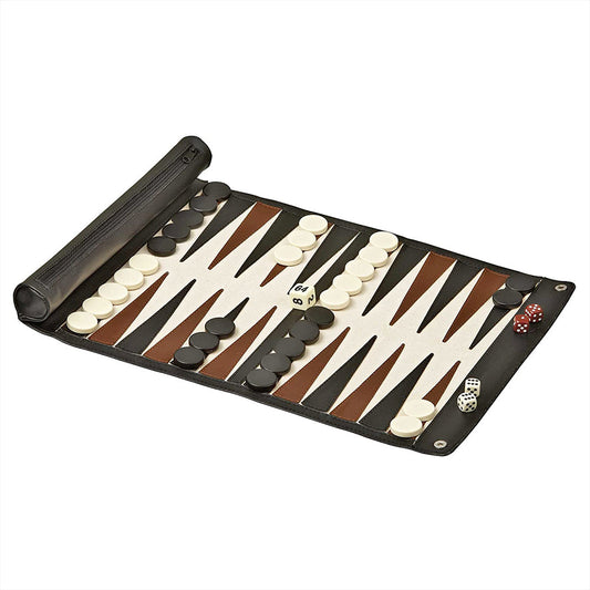 Falmouth roll-up backgammon set: faux leather - travel size